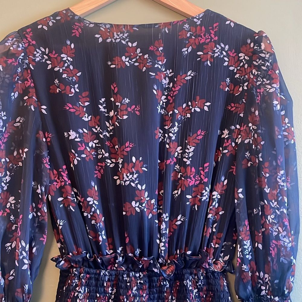 Keepsake Embrace Smocked Longsleeve VNeck Mini Dress Navy Floral Cocktail Sz S - Picture 11 of 12